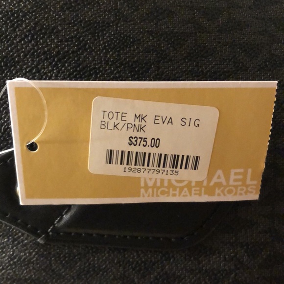 NWT Michael Kors LG. Black Coated Canvas  Eva Tote Bag with Pink/White Stripes - Picture 7 of 8